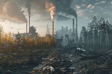 A before-and-after image of a pristine forest transforming into a factory wasteland.