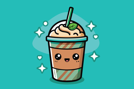 A cup of coffee sits with a green leaf on top, ready to be enjoyed, Frapp�� Customizable Cartoon Illustration