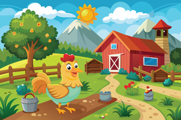 A chicken roams in a farm yard with a barn in the background, Free range chicken farm Customizable Cartoon Illustration