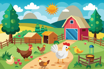 A farm scene showing free-range chickens and roosters, surrounded by a barn, Free range chicken farm Customizable Disproportionate Illustration