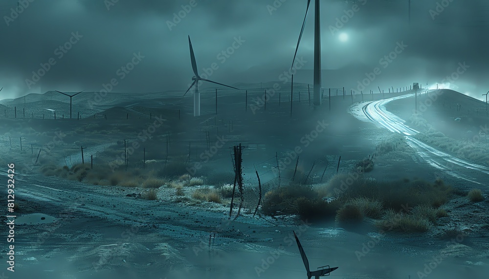 Poster capture a frontal view of a futuristic wind turbine in a desolate
