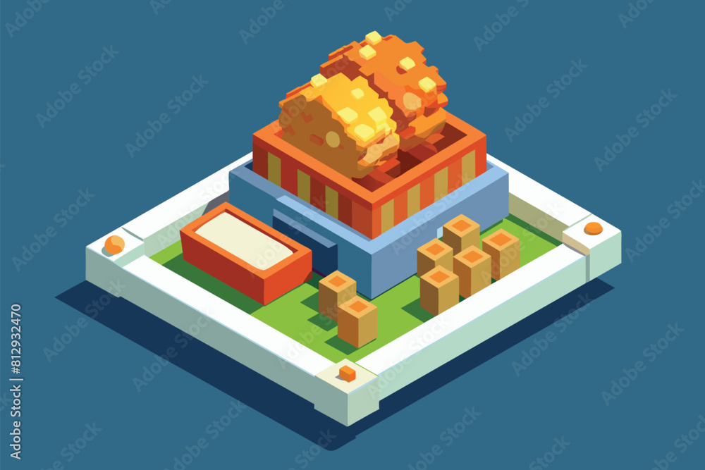 Poster a computer screen displaying a 3d model of a building on top of it, fried chicken customizable isome