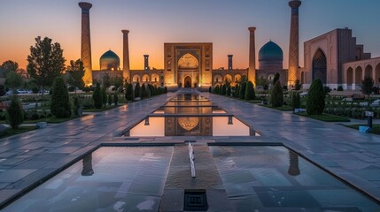 The Registan Square in Samarkand Uzbekistan famed for its three madrasahs with intricate Islamic...