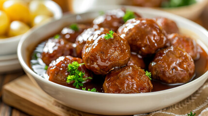 Delicious glazed meatballs with a sprinkle of fresh parsley in a white dish, ideal for culinary websites, menus, and recipe visuals