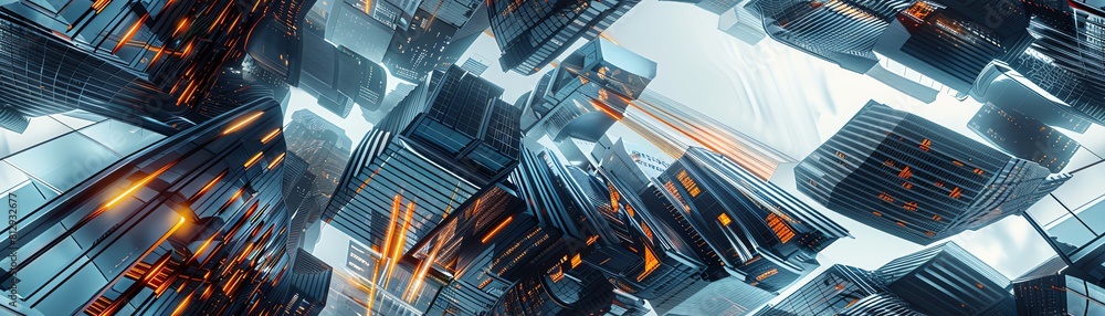 Aufkleber capture a sleek, futuristic cityscape in a minimalist style with sharp, angular buildings reflecting