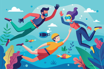 A couple of friends diving into the clear blue ocean on a sunny day, Friends diving Customizable Semi Flat Illustration