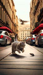 The image vividly captures a giant cat pouncing on a mouse in a surreal urban setting, with a bird and another mouse nearby.