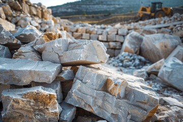 Close-up shot of rough stone textures in a quarry with machinery in the background. AI generated.