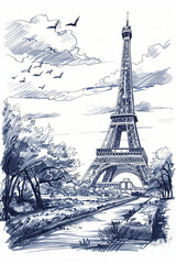 Sketch of a view of the Eiffel Tower in Paris.