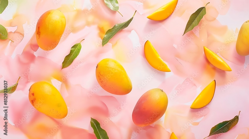Poster creative layout made of mango on the watercolor background flat lay food concept : generative ai
