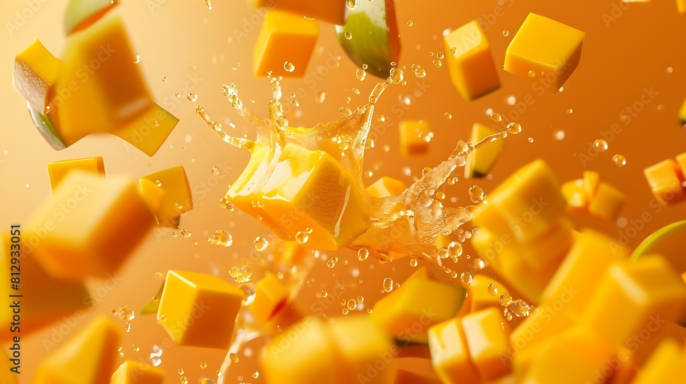 Aufkleber creative layout made from mango fruit with mango cubes and slices and splashing on a orange backgrou