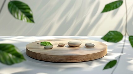 Wood podium with green leaves and natural stones Abstract podium for organic cosmetic products...
