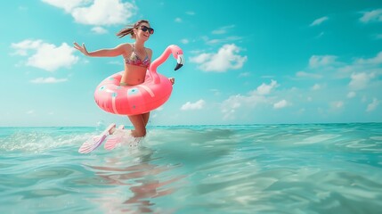 Happy fun beach vacation woman tourist ready to jump in ocean swimming with snorkel fins and pink flamingo toy pool float Goofy swimmer girl running on holidays panoramic banner : Generative AI