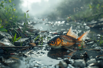 A lone fish gasping for air in a polluted river, surrounded by plastic waste.