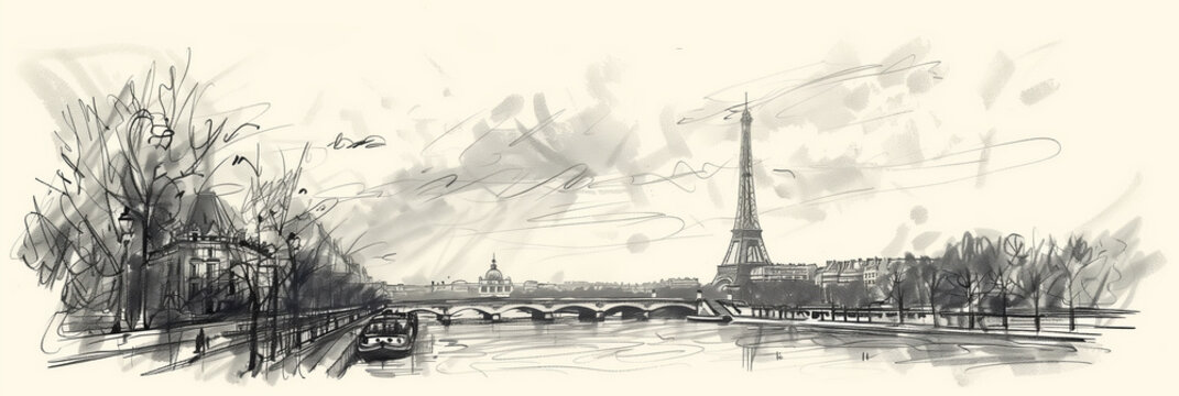 Sketch of a view of the Eiffel Tower in Paris.