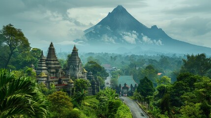 The majestic Mount Merapi in Indonesia with its active volcanic landscape providing a stunning backdrop for the ancient temples nearby highlighting th