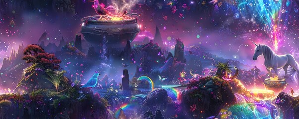 Capture the essence of whimsy and wonder in a digital illustration of a celestial unicorn dipping its horn into a shimmering cauldron of rainbow soup