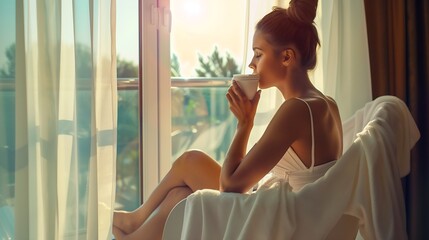 Young woman looking outside her hotel window Attractive young woman holding a cup of coffee while relaxing on a chair Serene young woman enjoying her summer vacation in a luxury hotel : Generative AI