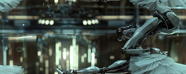 Capture the precise moment of a robotic ballerina executing a graceful pirouette, showcasing intricate metal joints and delicate tutu layers in a futuristic, cyberpunk setting