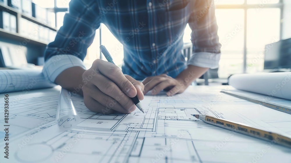 Poster architect drawing on a blueprint on architectural project at the construction site at office desk in
