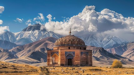 The Karakhanid Mausoleum in Uzgen Kyrgyzstan an 11th-century architectural marvel with elaborate brickwork and a distinct conical dome representing th
