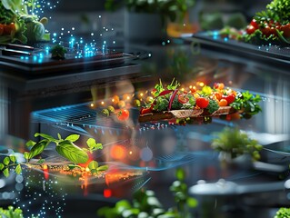 Combine futuristic technologies with a unique camera angle capturing a chefs artistic plating