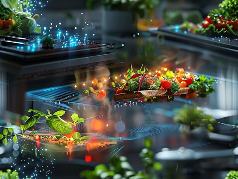Combine futuristic technologies with a unique camera angle capturing a chefs artistic plating