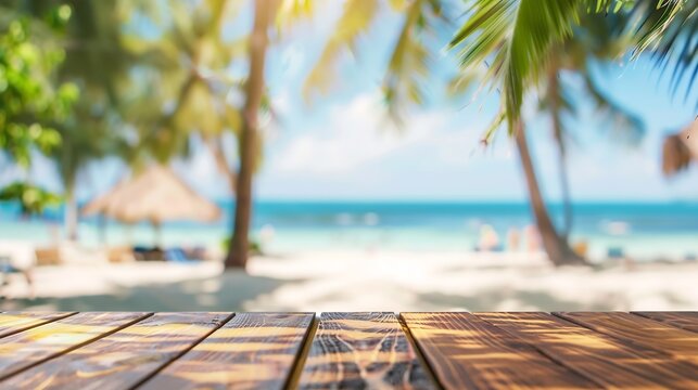 Wide Table top wooden bar on blurred beautiful beach scene background coconut leaf Breakfast product display mockup outside vacation summer day time Resort wood desk board on nature se : Generative AI