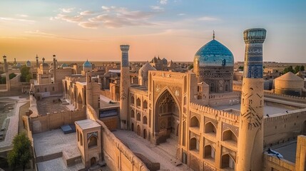 The Itchan Kala in Khiva Uzbekistan the inner town of the old Khiva oasis which has been preserved as a museum and contains outstanding examples of Mu