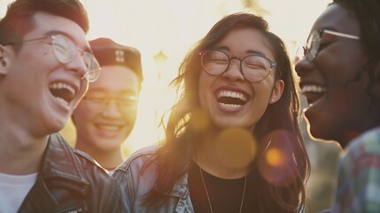 Group of multiracial best friends laughing together outdoor  Mixed race students having fun at college campus   Friendship tourism community youth and university concept : Generative AI
