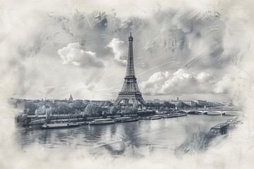 Sketch of a view of the Eiffel Tower in Paris.