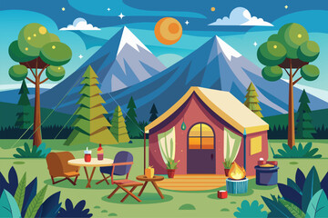 Fototapeta premium A tent pitched in a forest with majestic mountains in the background, Glamping Customizable Cartoon Illustration