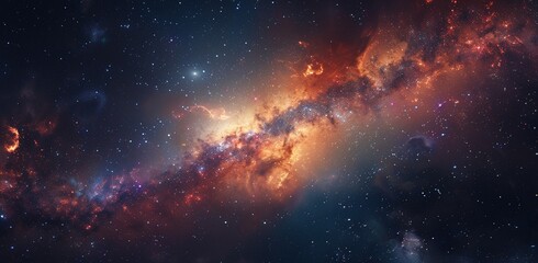 A distant galaxy within the Milky Way, with vibrant colors and swirling patterns against an expanse of stars.