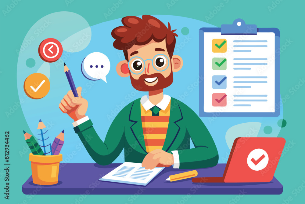 Poster a man is seated at a desk, writing in a notebook with a pen, grammar correction customizable cartoon