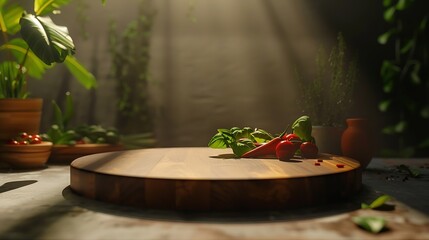 Vintage wooden podium board for product display with cooking ingredients : Generative AI