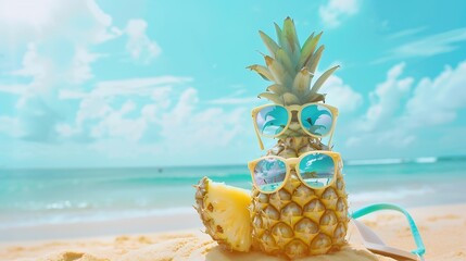 Summer in the party  Hipster Pineapple Fashion in sunglass and listen music with sunblock and sandal on the sand beach beautiful blue sky background  tropical style  Fashion Summer Vac : Generative AI