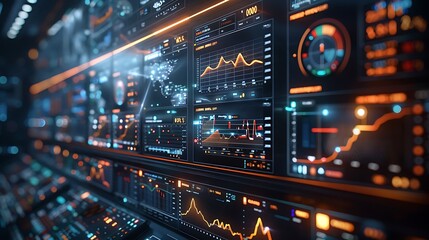 Obraz premium Detailed environmental science monitor showing real-time climate data and emissions tracking, rendered hyperrealistically with a focus on digital accuracy and clarity, no people.