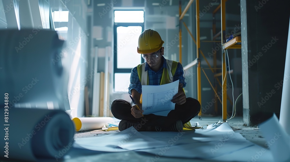 Poster architect builder studying layout plan of the rooms while sitting on the floor serious civil enginee
