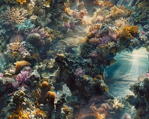 Explore a surreal underwater landscape with intricate coral reefs in photorealistic detail