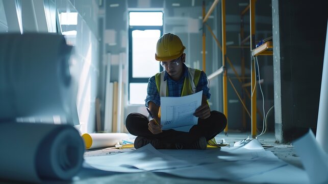 Architect builder studying layout plan of the rooms while sitting on the floor serious civil engineer working with documents on construction site or home interiorBuilding repair and ho : Generative AI