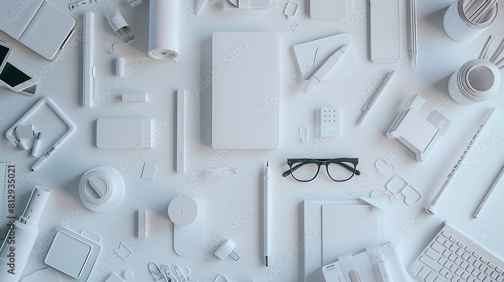 Fototapete white office desk table with a lot of things on it top view with copy space : generative ai
