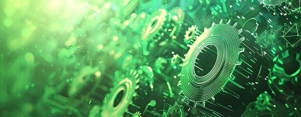 Abstract green digital technology background with mechanical gears and industrial engine concept. big data and machine learning for industry.