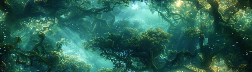 Illustrate a dreamlike forest canopy in a virtual reality world