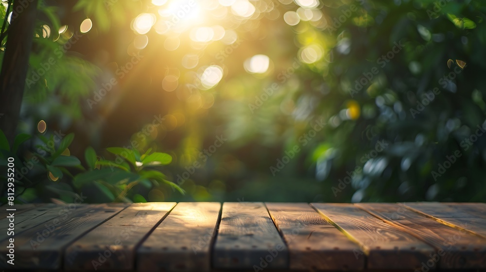 Aufkleber Empty wood table top on blur abstract green garden from window view in the morning For montage product display or design key visual layout : Generative AI