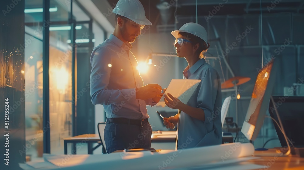 Poster Engineers discuss a blueprint while checking information on a tablet computer in a office : Generative AI