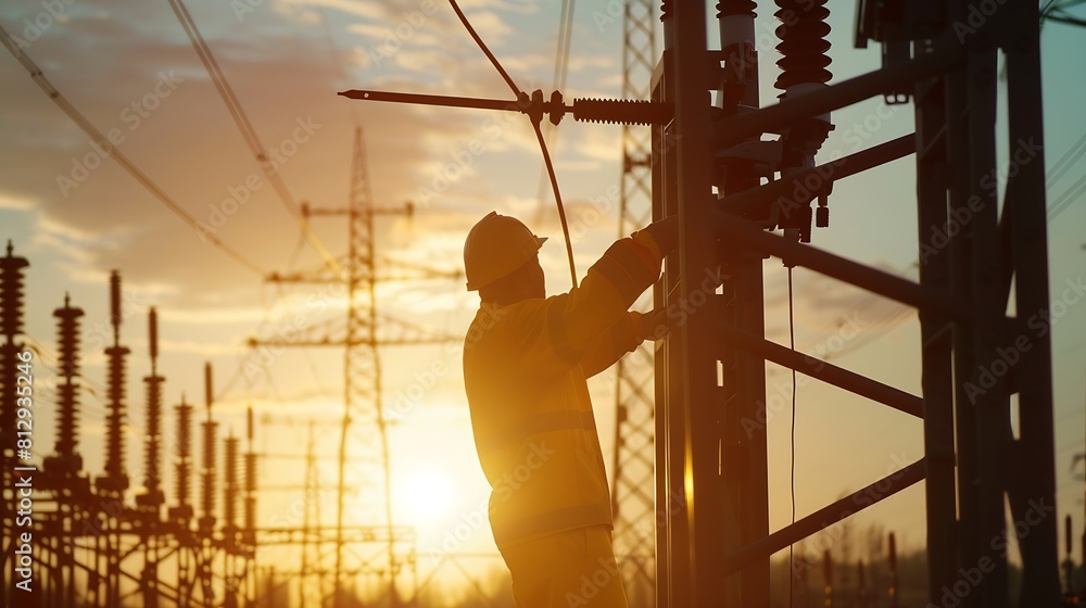 Aufkleber an electrician at a high voltage power plant works with a project at sunset in the sky electrical en
