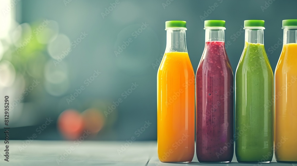 Aufkleber fresh detox fruit and vegetable smoothies or juice in bottles with various ingredients around essent