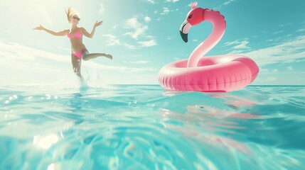 Fototapeta premium Vacation fun woman in bikini with funny inflatable pink flamingo pool float running of joy jumping by infinity swimming pool Girl enjoying travel holidays at resort luxury overwater bu : Generative AI