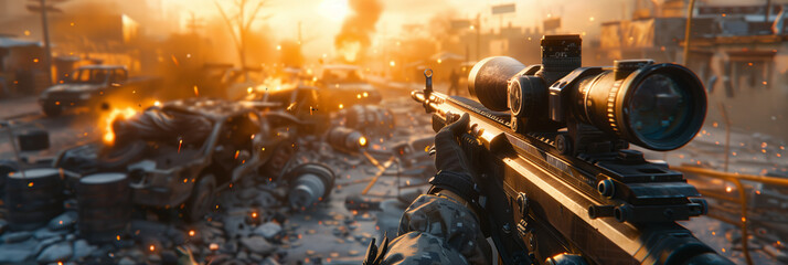 Selective focus of Computer game screen of rifle shooting game.