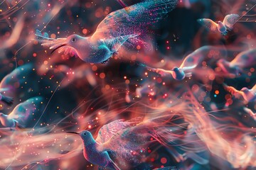 Illustrate a mesmerizing scene of AI-powered birds soaring over a symphony of soundwaves